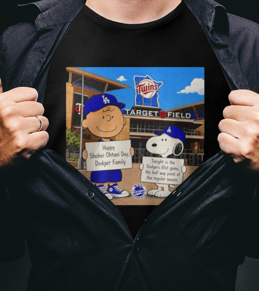 Snoopy And Charlie Brown Happy Shohei Ohtani Day Dodgers Twins Target Field T-Shirt