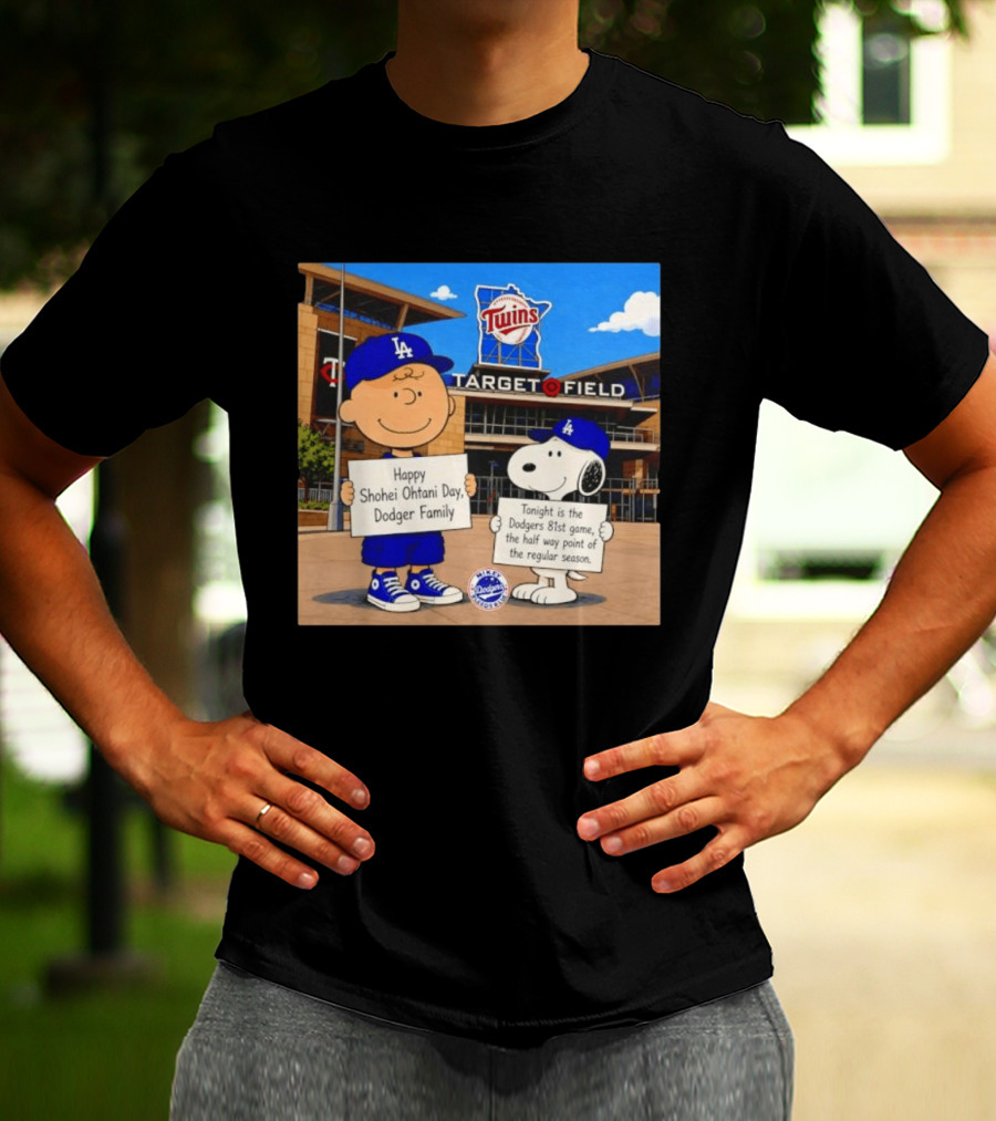 Snoopy And Charlie Brown Happy Shohei Ohtani Day Dodgers Twins Target Field T-Shirt