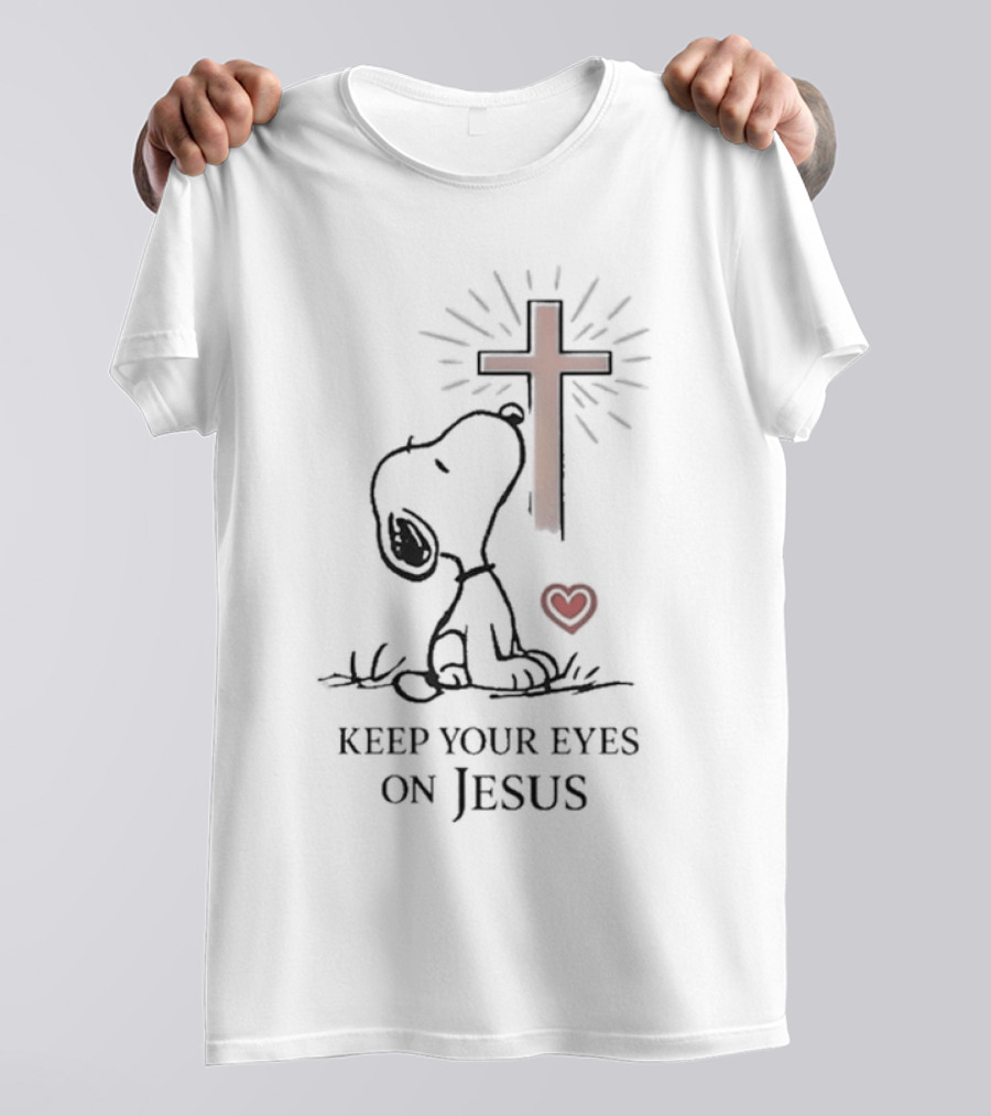 Snoopy Keep Your Eyes On Jesus Cross Heart T-Shirt