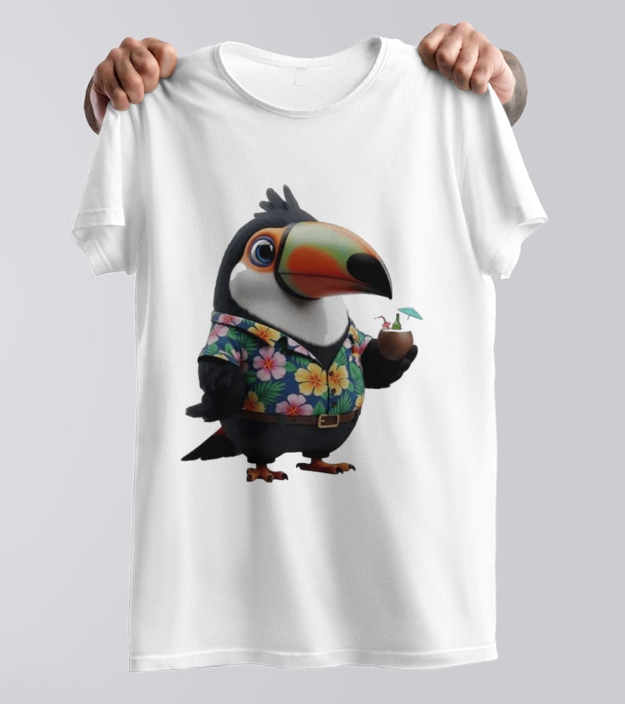 Cartoon Toucan In Hawaiian With Tropical Coconut Drink T-Shirt