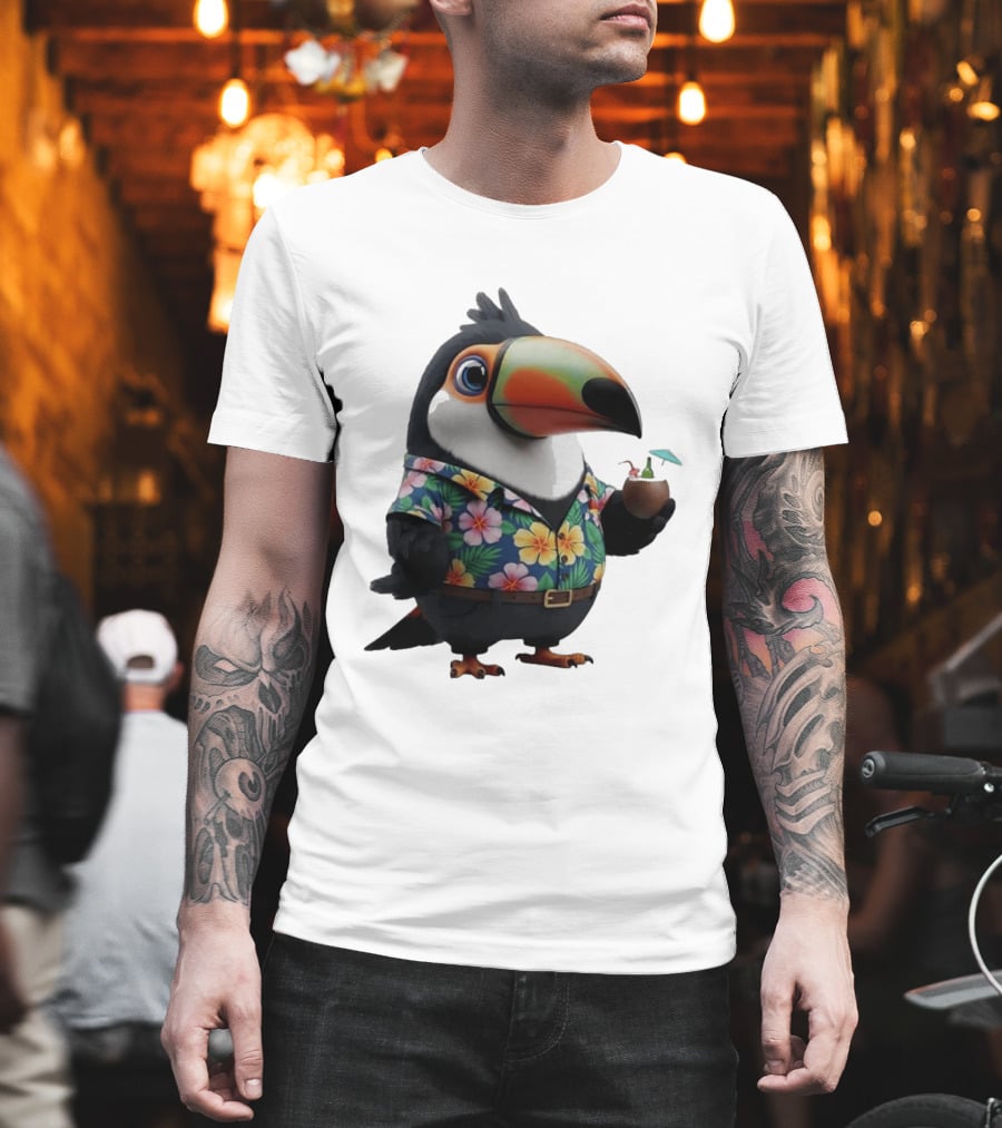 Cartoon Toucan In Hawaiian With Tropical Coconut Drink T-Shirt