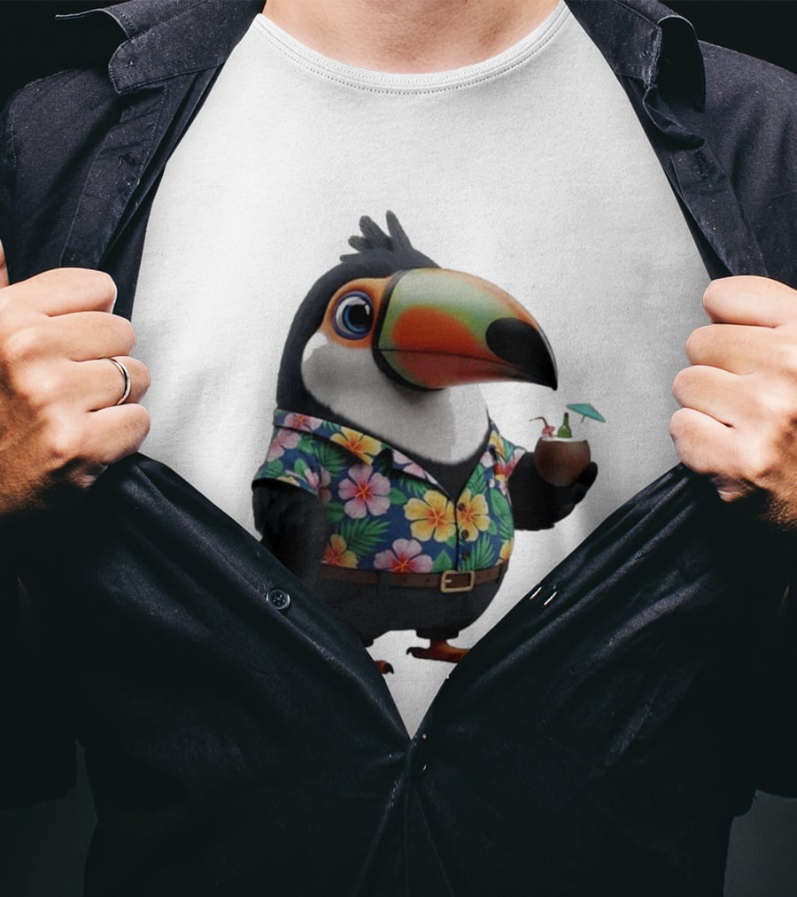 Cartoon Toucan In Hawaiian With Tropical Coconut Drink T-Shirt