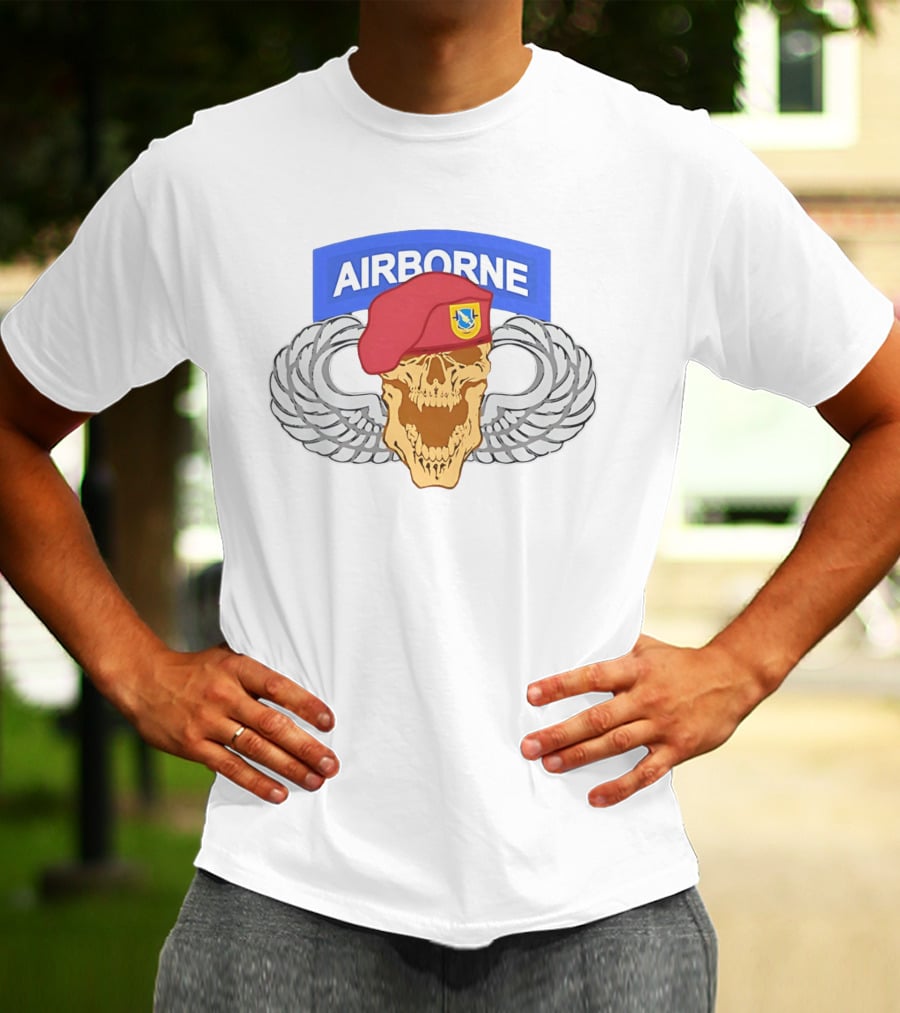 Airborne Skull Maroon Beret Parachutist Wings T-Shirt