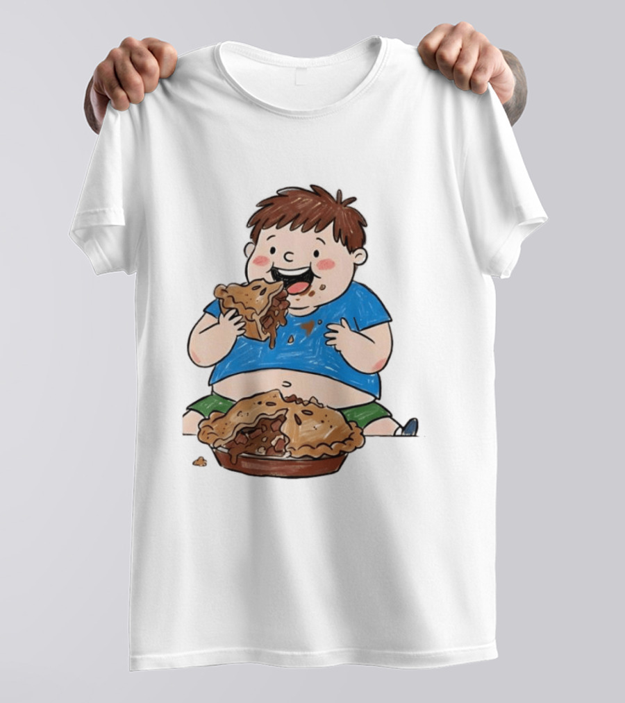 Funny Eating Pies Cartoon Boy Indulging In Delicious Pastry T-Shirt
