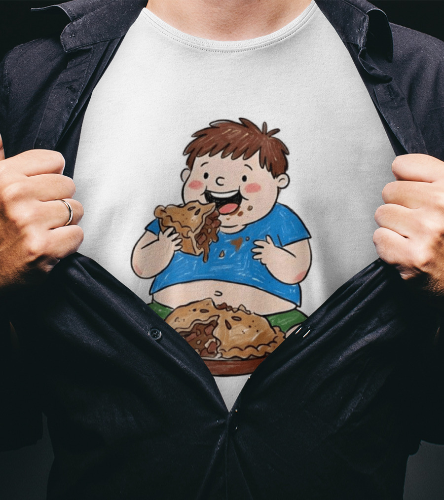 Funny Eating Pies Cartoon Boy Indulging In Delicious Pastry T-Shirt