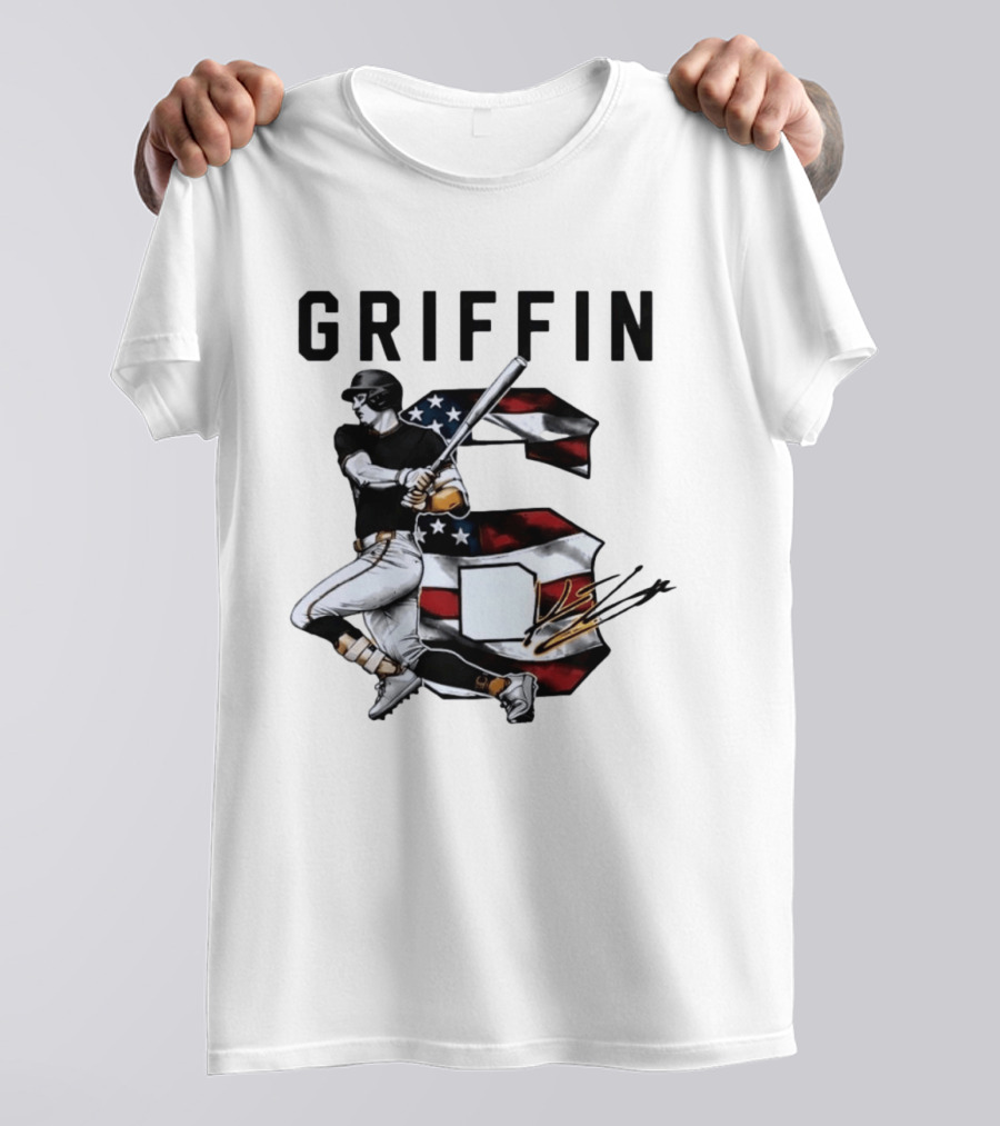 Griffin Baseball Player Swinging Bat American Flag Number 6 T-Shirt