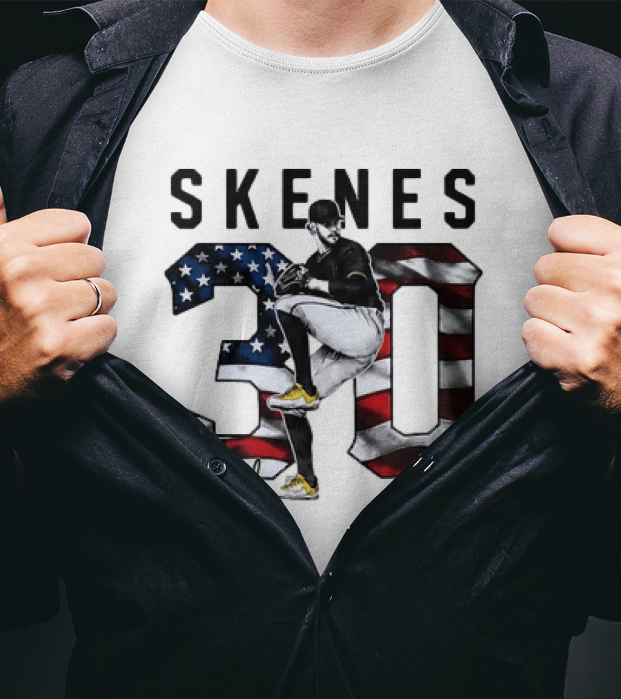 Skenes 30 Pitching Pose Pittsburgh Pirates American Flag Baseball T-Shirt