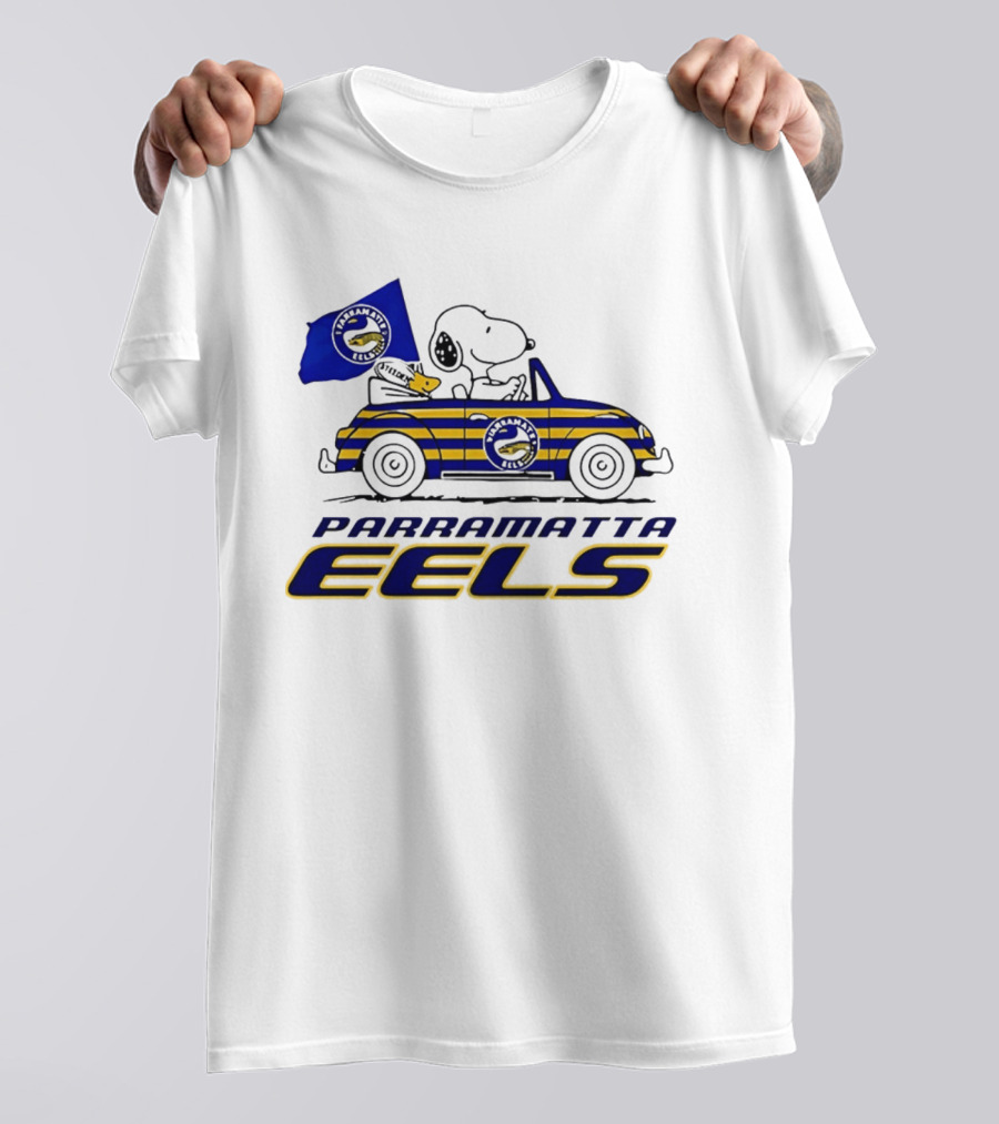 Snoopy Driving Car With Parramatta Eels Flag National Rugby League T-Shirt