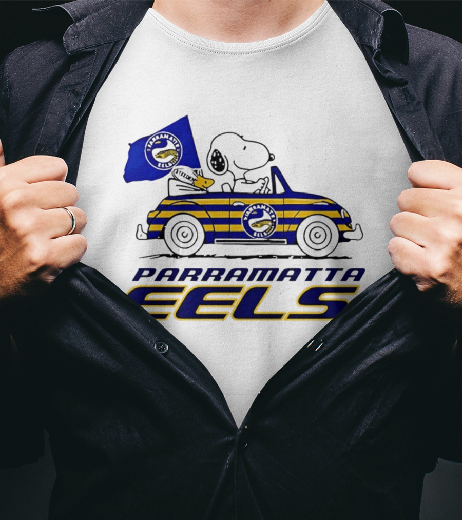 Snoopy Driving Car With Parramatta Eels Flag National Rugby League T-Shirt