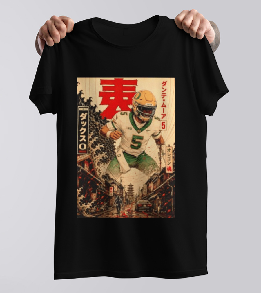 Dante Moore Number 5 Oregon Ducks Football Japanese Art Style Rugged City Scene T-Shirt