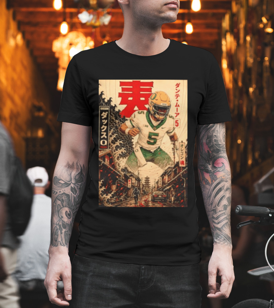 Dante Moore Number 5 Oregon Ducks Football Japanese Art Style Rugged City Scene T-Shirt