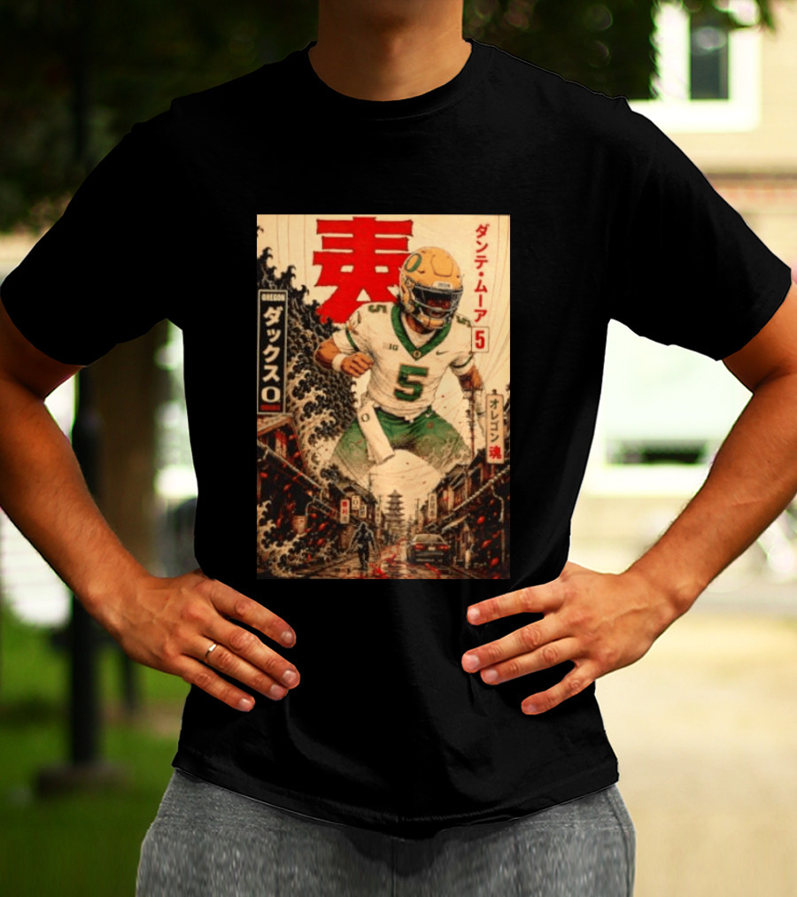 Dante Moore Number 5 Oregon Ducks Football Japanese Art Style Rugged City Scene T-Shirt