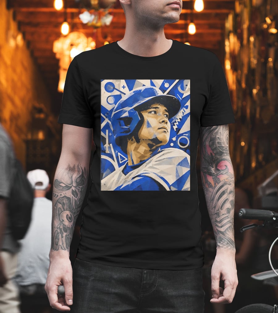 Baseball Player In Geometric Blue Abstract T-Shirt