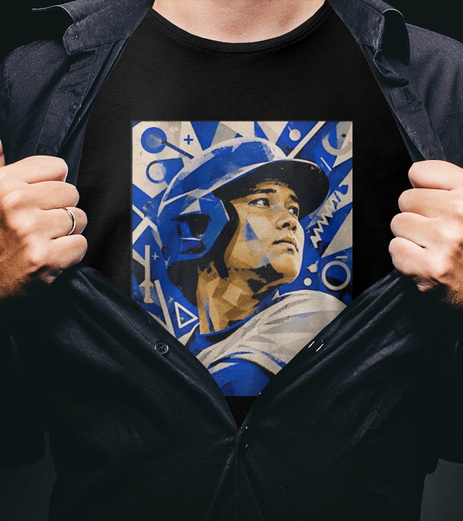 Baseball Player In Geometric Blue Abstract T-Shirt