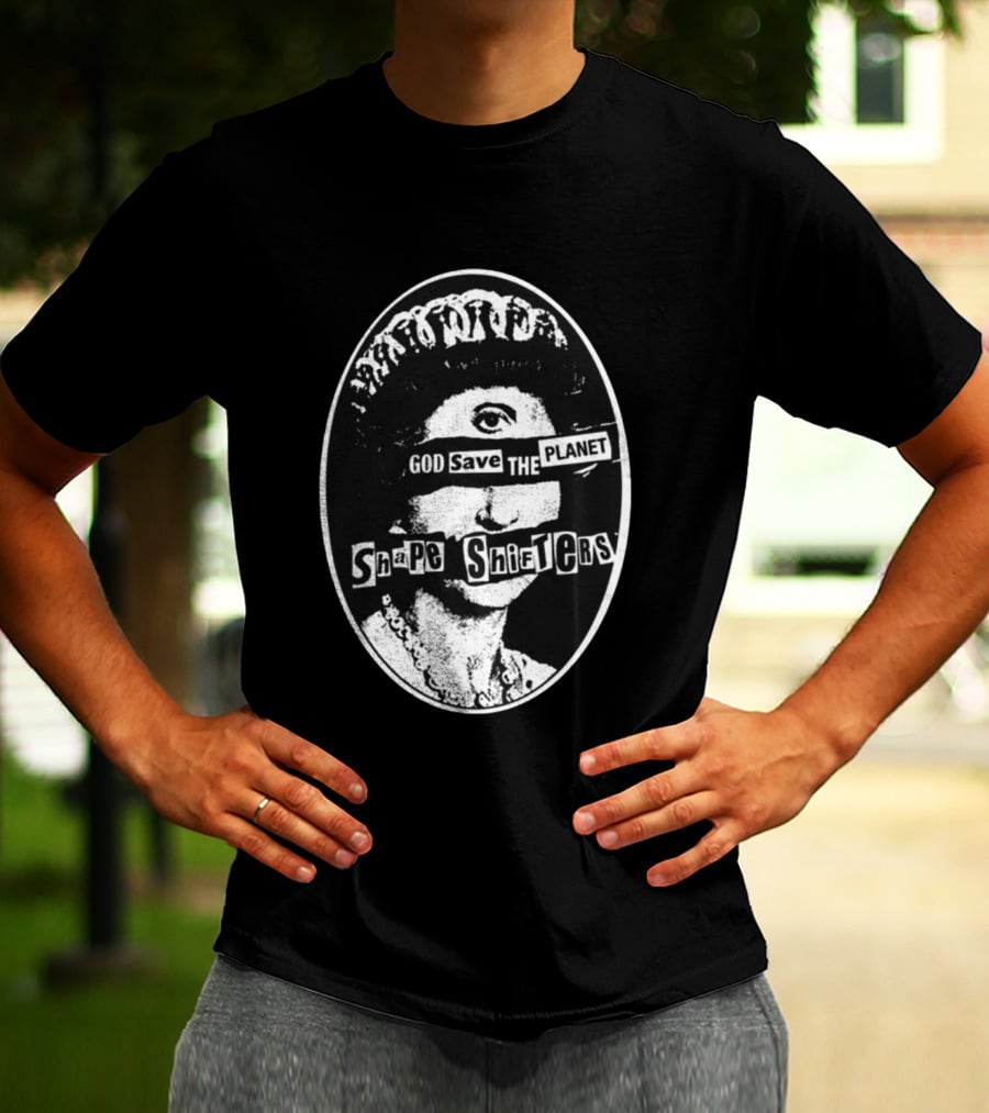 God Save The Planet Shape Shifters Queen Elizabeth Iconic Collage T-Shirt