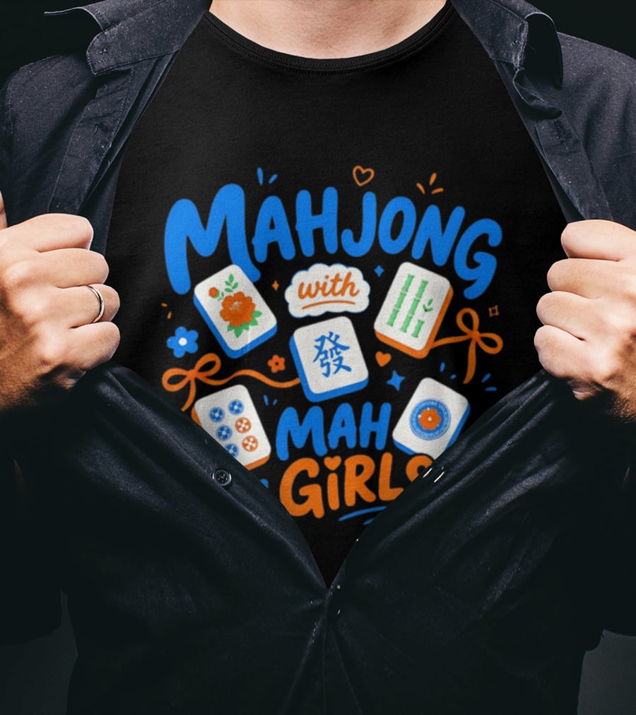 Mahjong With Mah Girls Flower And Bamboo Tiles Game Night T-Shirt