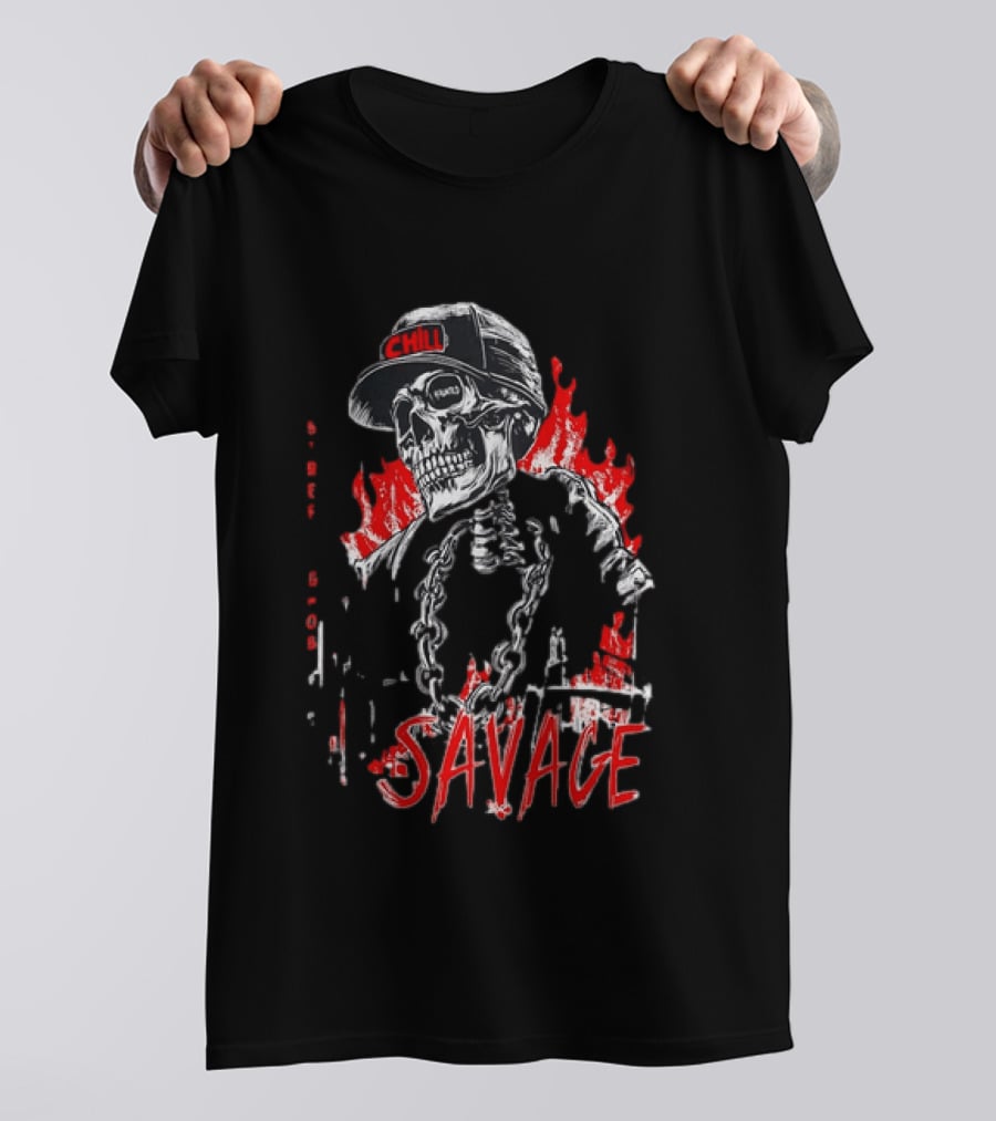 Street Ghost Chill Savage Skeleton Flames Red Black Chain T-Shirt