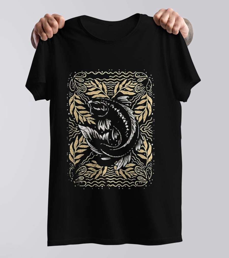 Imperial Koi Fish Artwork With Ornate Leaf Borders T-Shirt