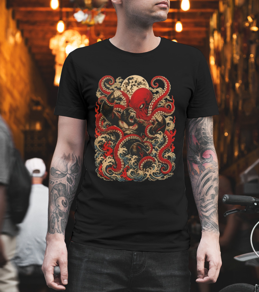 Tokyo Kaiju Octopus Vs Gorilla Battle Waves And Moon Scene T-Shirt