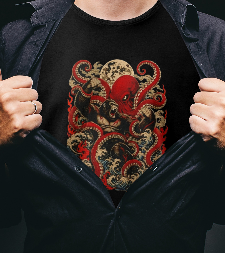 Tokyo Kaiju Octopus Vs Gorilla Battle Waves And Moon Scene T-Shirt