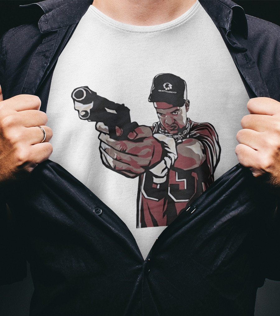 Man Pointing Gun Graphic With Number 89 And Hat Logo Codestructor T-Shirt