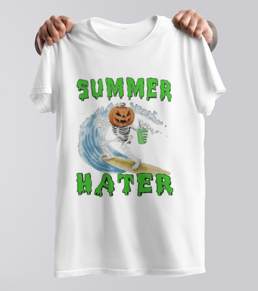 Skeleton With Pumpkin Head Surfing Wave Summer Hater T-Shirt