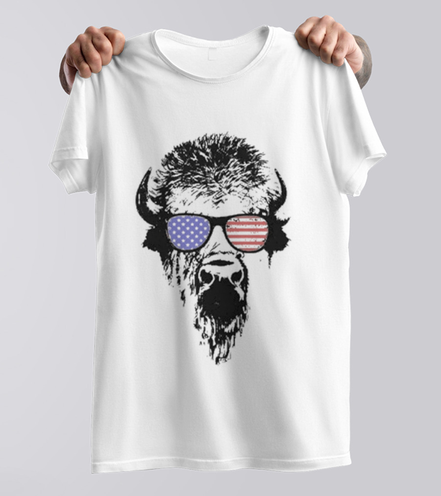 Patriotic Buffalo With USA Flag Red White Blue Sunglasses T-Shirt