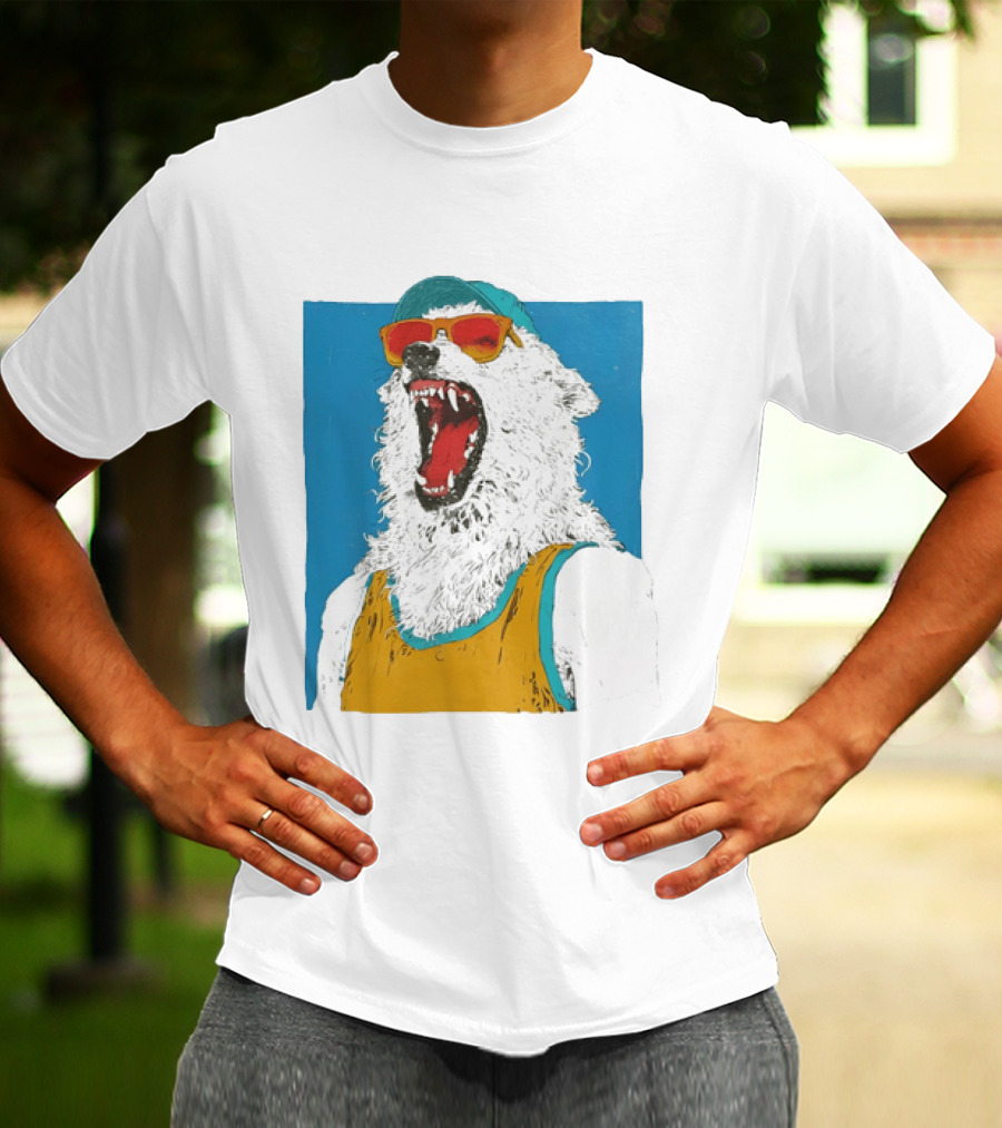 Polar Bear Wearing Sunglasses And Cap In Yellow Roaring T-Shirt