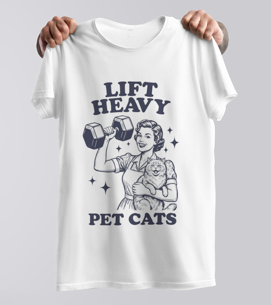 Lift Heavy Pet Cats Strong Woman Fitness Workout Retro Dumbbell T-Shirt