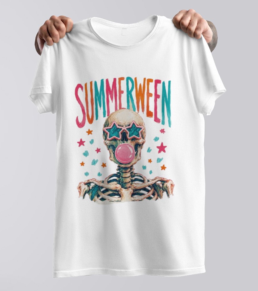 Summerween Skeleton Bubblegum Skull With Star Sunglasses T-Shirt
