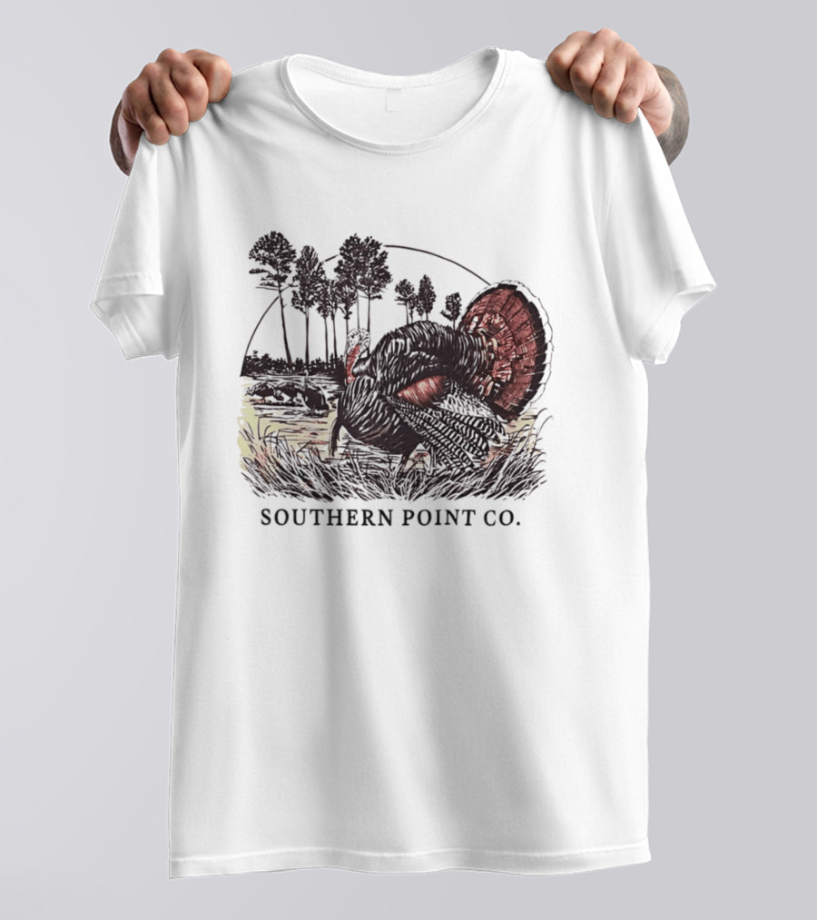 Southern Point Co. Turkey Strutting In The Field With Pine Trees And Horizon Scene T-Shirt