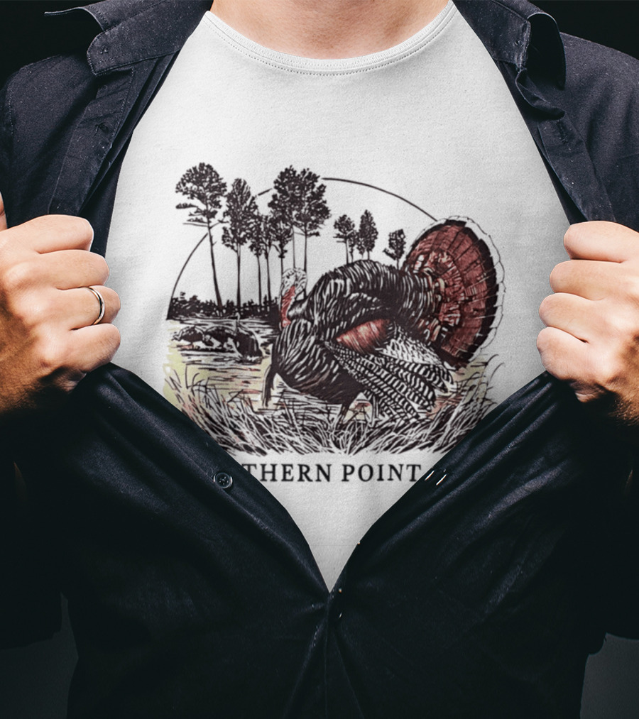 Southern Point Co. Turkey Strutting In The Field With Pine Trees And Horizon Scene T-Shirt