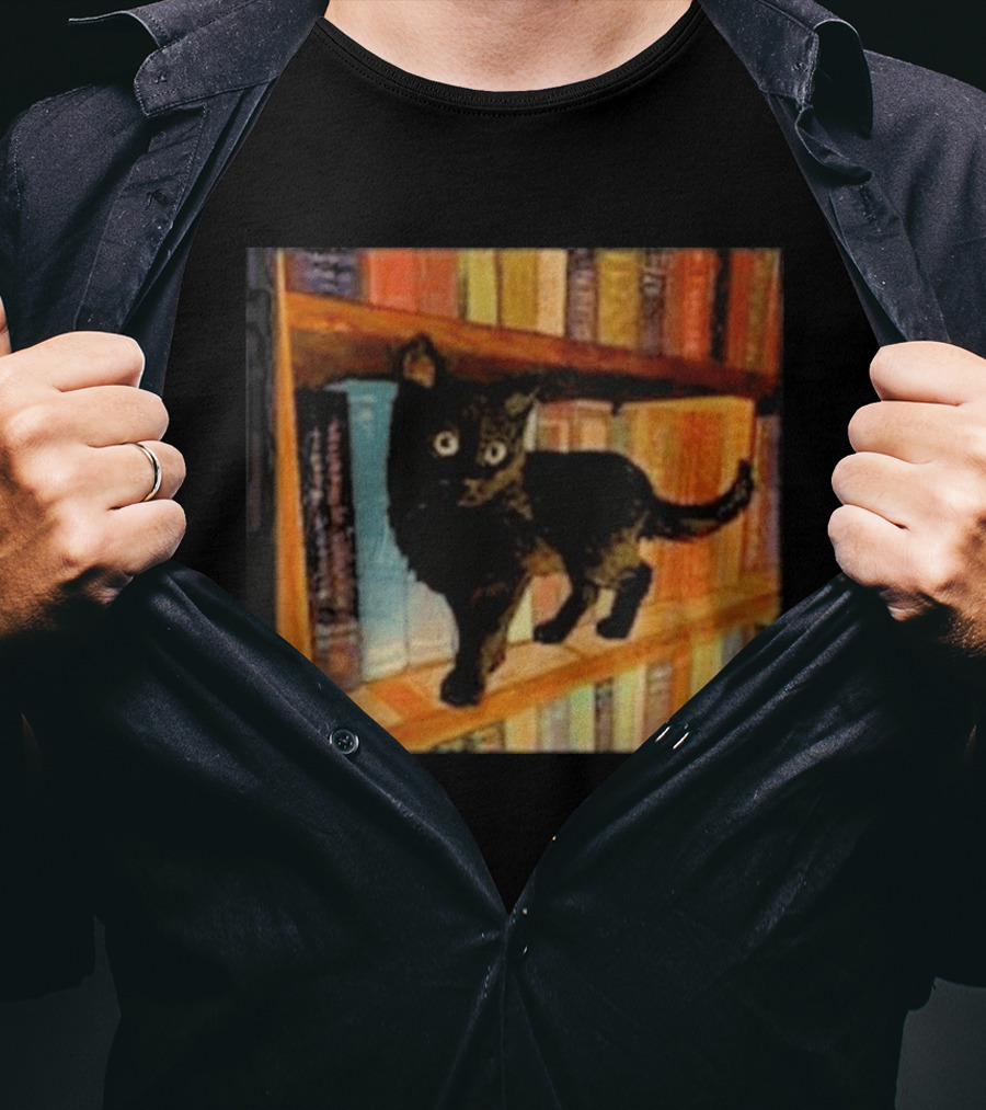 Black Cat On Bookshelf With Colorful Books T-Shirt