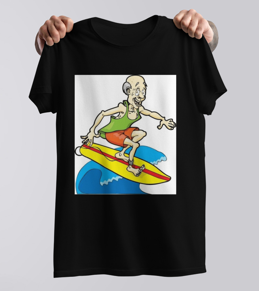 Retired Man Surfing Funny Cartoon Boomer On Yellow Board With Blue Waves T-Shirt