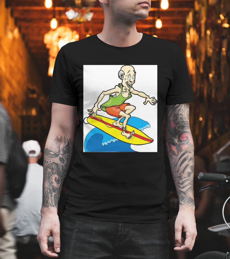 Retired Man Surfing Funny Cartoon Boomer On Yellow Board With Blue Waves T-Shirt