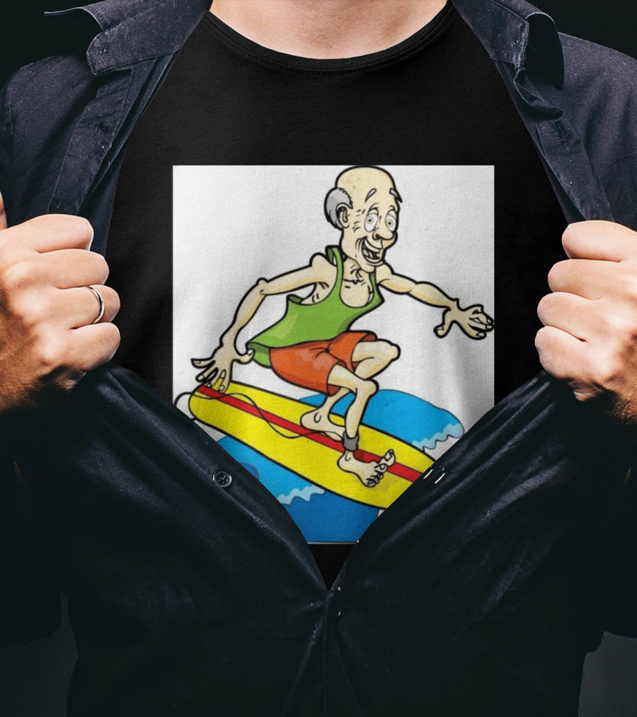 Retired Man Surfing Funny Cartoon Boomer On Yellow Board With Blue Waves T-Shirt
