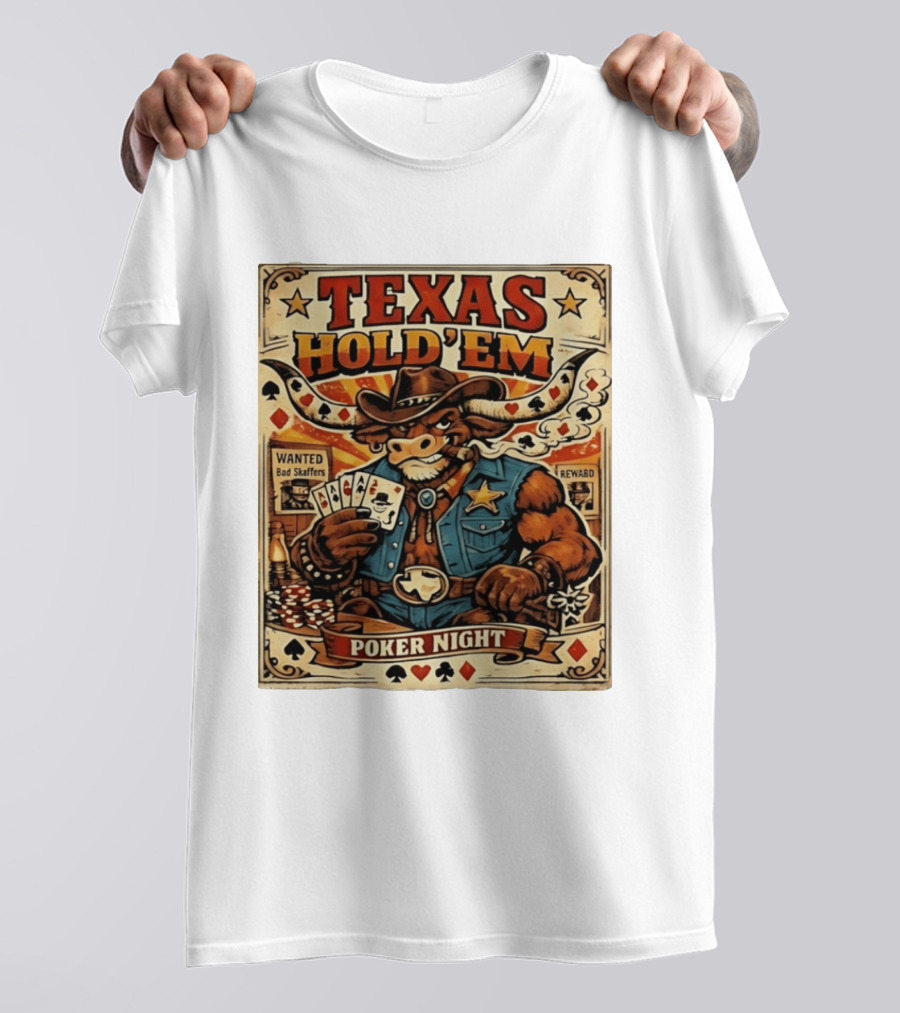 Texas Hold'em Poker Night Cowboy Bull Playing Cards Wanted Bad Skaffers T-Shirt