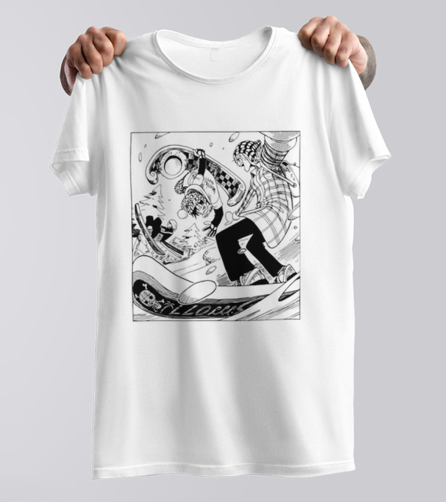 Snowboarding One Piece Crew Manga Style Action White Out Winter Scene T-Shirt