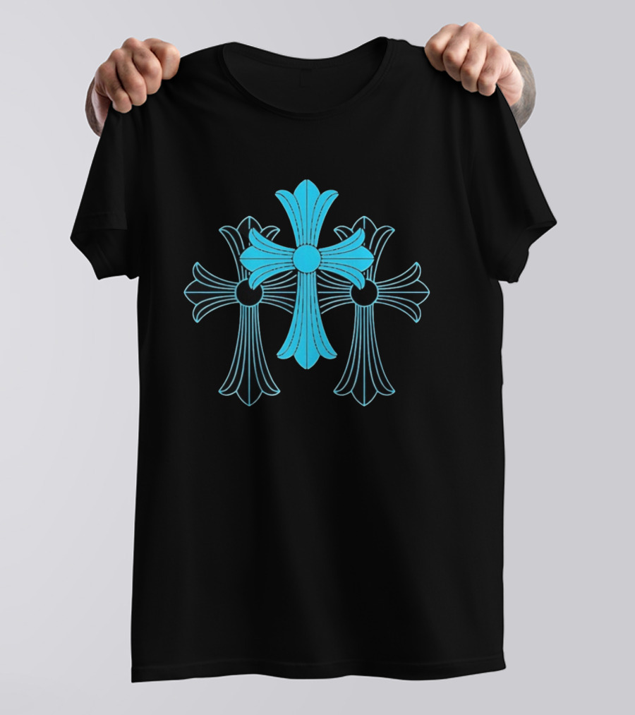 Blue Chrome Heart Cross Luxury Fashion Streetwear T-Shirt