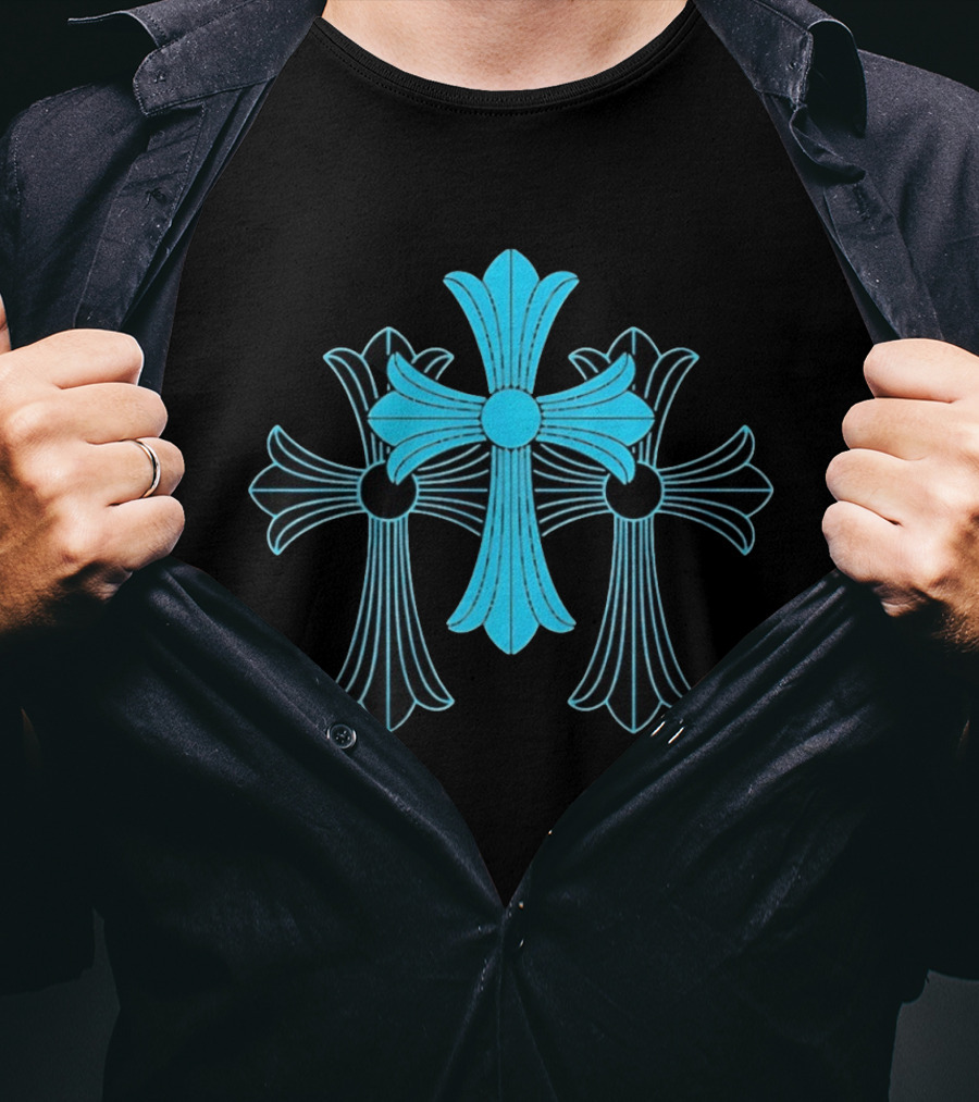Blue Chrome Heart Cross Luxury Fashion Streetwear T-Shirt
