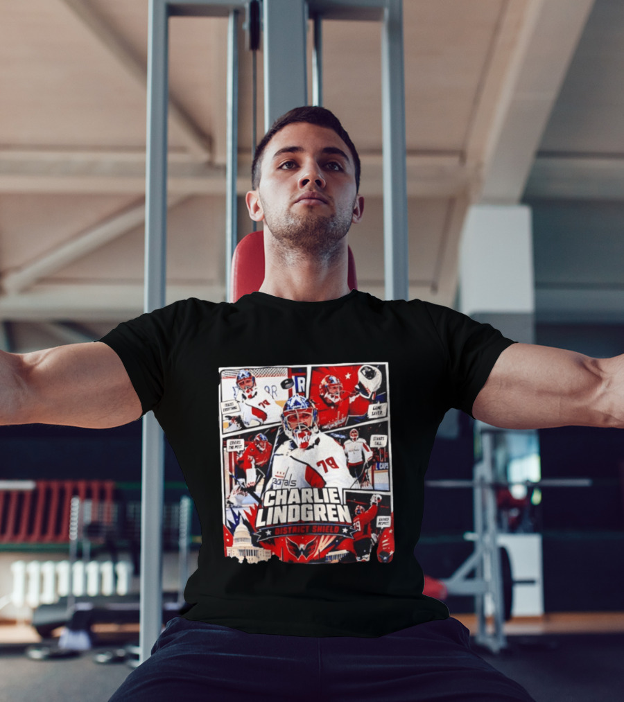 Charlie Lindgren Capitals District Shield Comic Style Hockey Action T-Shirt