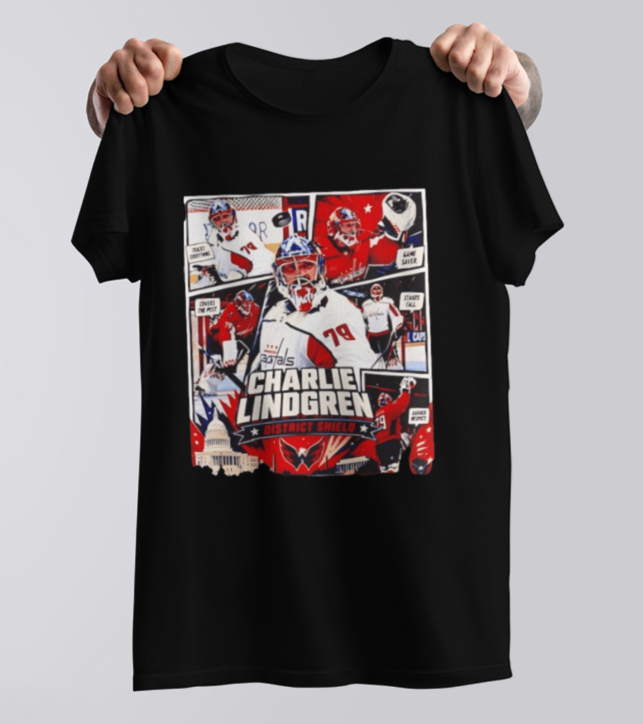 Charlie Lindgren Capitals District Shield Comic Style Hockey Action T-Shirt