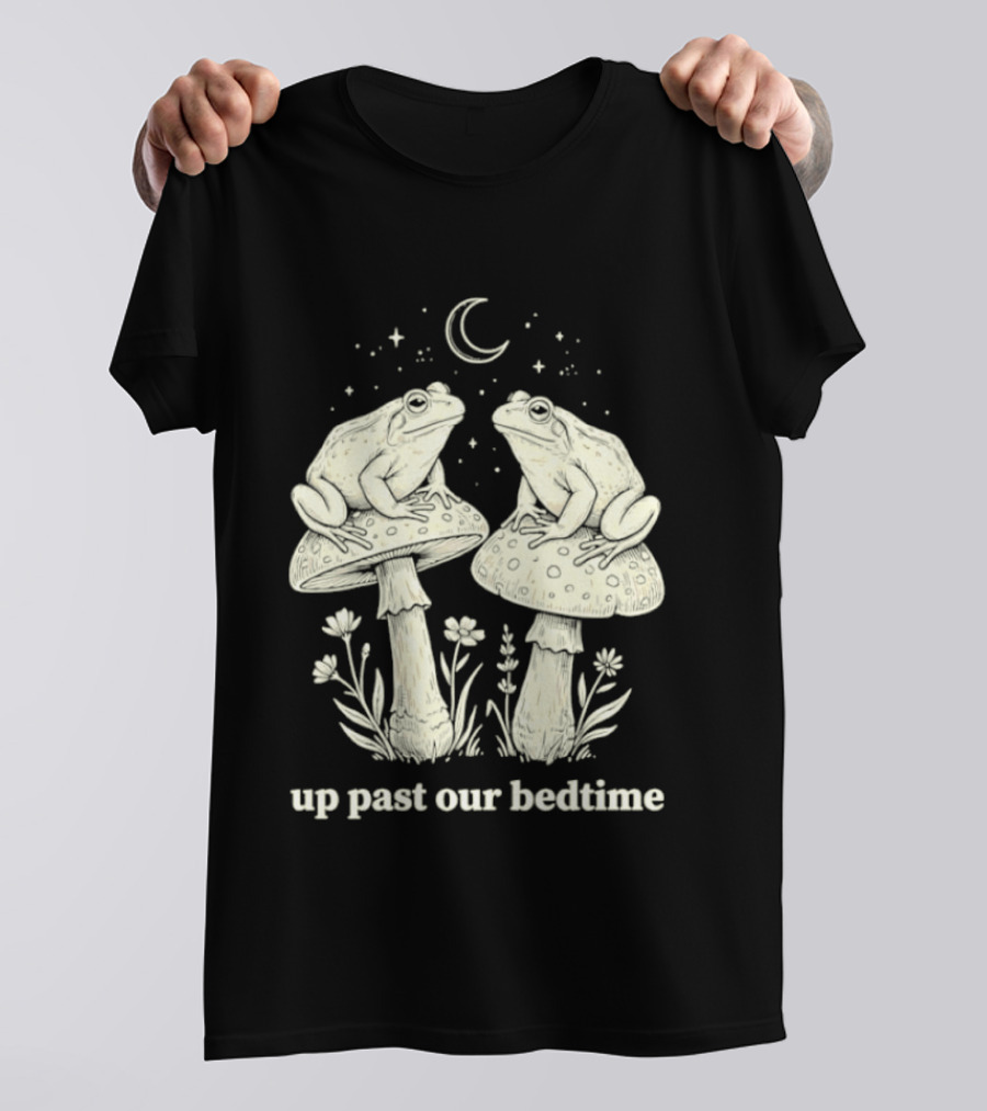 Two Frogs On Mushrooms Up Past Our Bedtime Night Sky Moon Stars T-Shirt