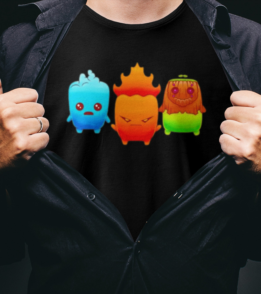 Water Fire And Earth Elemental Creatures Fireboy And Watergirl Cute Characters T-Shirt