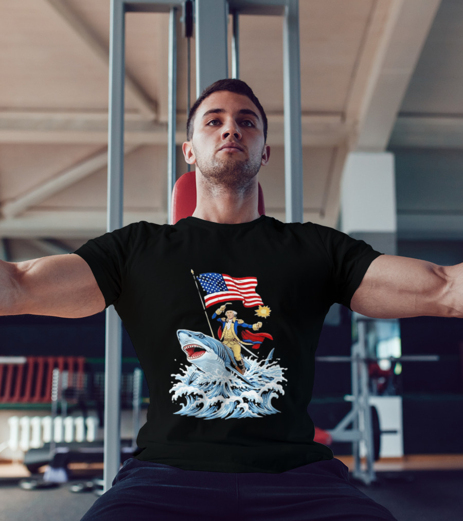 Shark Riding George Washington With American Flag Patriotic 4th Of July T-Shirt