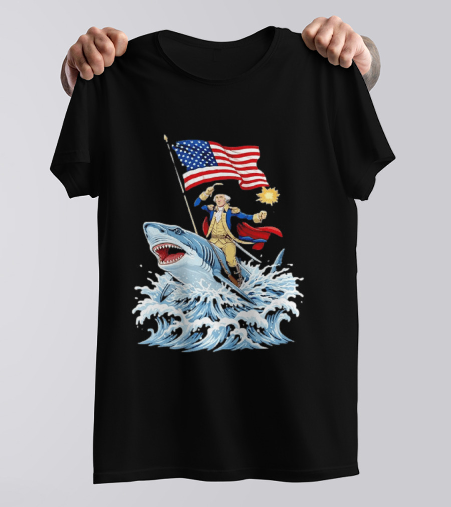 Shark Riding George Washington With American Flag Patriotic 4th Of July T-Shirt