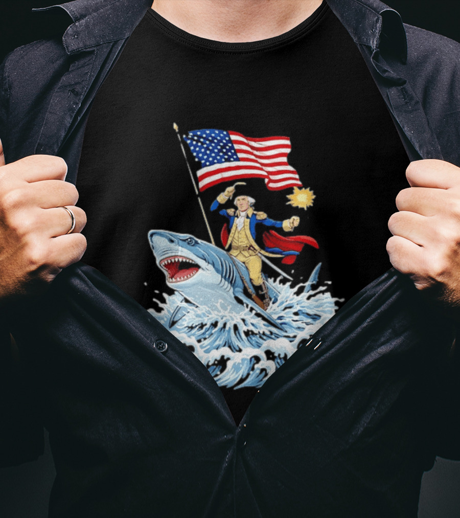 Shark Riding George Washington With American Flag Patriotic 4th Of July T-Shirt