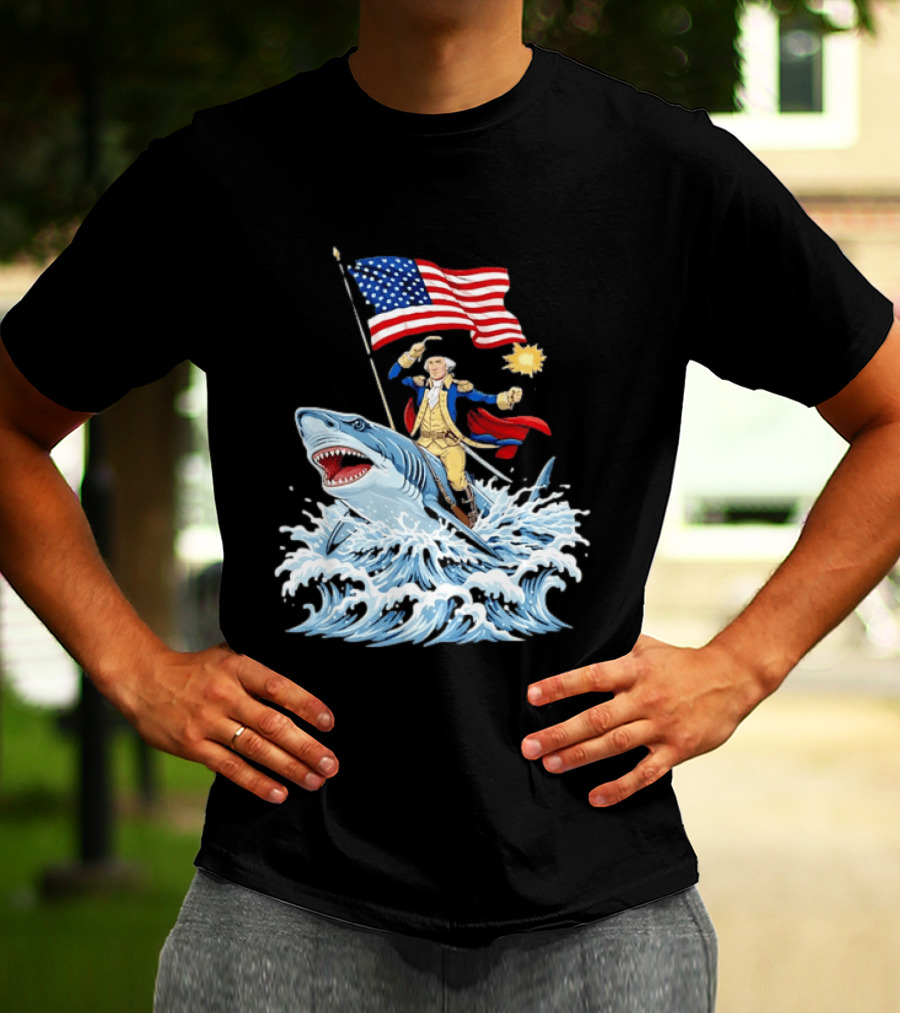 Shark Riding George Washington With American Flag Patriotic 4th Of July T-Shirt