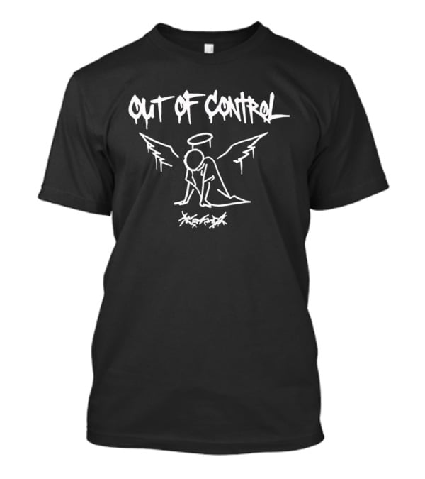 Out Of Control Angel Cowering Scribble White Outline Halo Wings T-Shirt