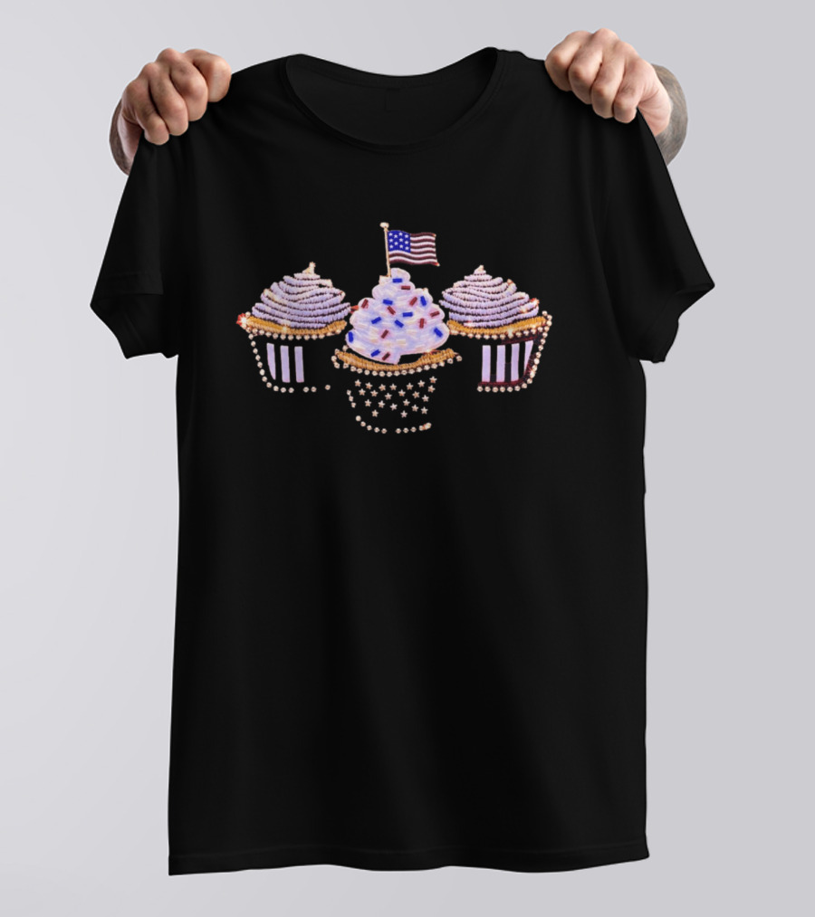 Patriotic Beaded American Flag Cupcake Trio Decor T-Shirt
